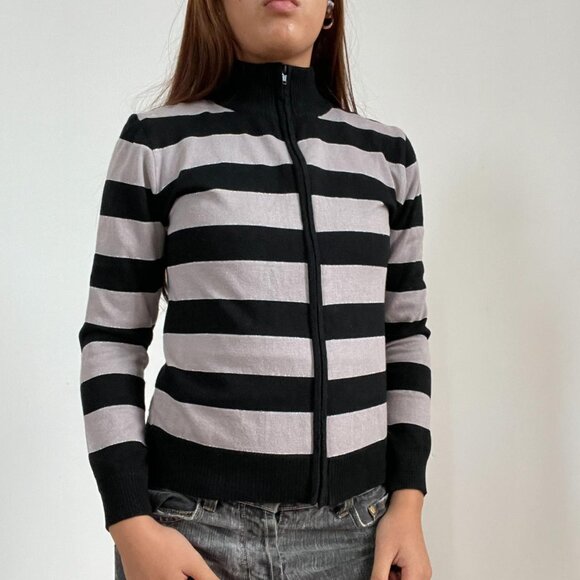 Vintage Black and Grey Striped Zip Up - Picture 2 of 4